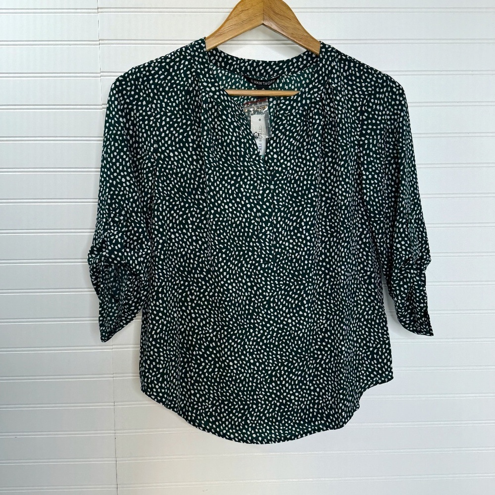 NEW 41 Hawthorne Morey Split Neck 3/4 Sleeve Blouse Dark Green XS Petite